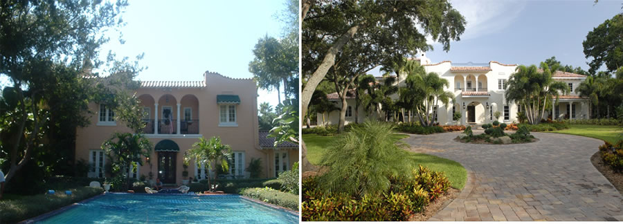 Before and after: front elevation of the 1926 Mediterranean Revival restoration